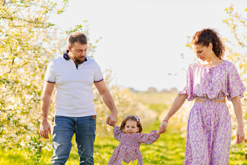 mom and dad with little daughter have fun and walk in a blooming spring garden. 