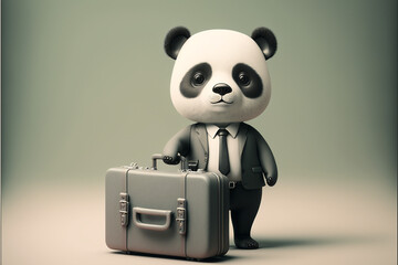 Worker panda in business suit with case in hand, job, funny 3d panda animal. Generative AI