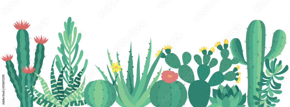 Wall mural Cute vector succulents isolated on white background. Cacti with pink and yellow flowers. Colorful wallpaper