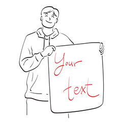 smiling man with hood holding blank sign for your text illustration vector hand drawn isolated on white background line art.