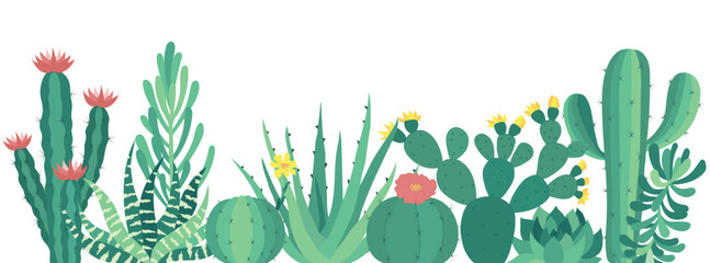 Cute vector succulents isolated on white background. Cacti with pink and yellow flowers. Colorful wallpaper