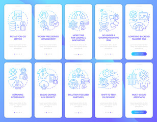 Naklejka premium Digital cloud trends blue gradient onboarding mobile app screen set. Walkthrough 5 steps graphic instructions with linear concepts. UI, UX, GUI template. Myriad Pro-Bold, Regular fonts used