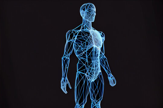 Polygonal image of the human body system with blue lines with muscles on a black background, 3 d illustration. Generative AI