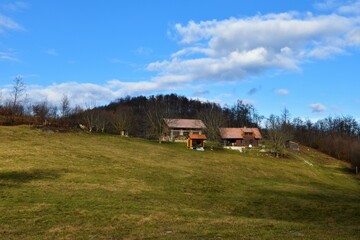 Meadow with a farmhouse and forest covered top of Ostri vrh in Dolenjska, Slovenia