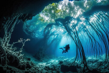 Obraz premium Mexico's Cenote Angelita, cave diving, extreme underwater experience, and underwater fogscape. Generative AI