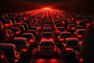 a large group of cars in a large room with a red light at the end of the line of cars in the middle of the room is a long line of the rows of cars.
