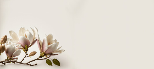 simple elegant banner of magnolia flowers on a white background, invitation card template, Generative AI