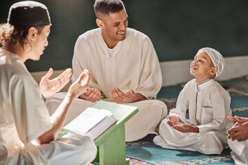 Muslim child, mosque and quran with teacher for spiritual learning, development or growth on...
