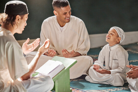 Muslim child, mosque and quran with teacher for spiritual learning, development or growth on carpet. Islamic teaching, man and boy for holy worship, book or reading for faith, islam or study in Qatar