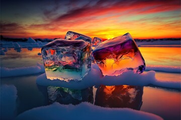 two ice cubes sitting on top of a frozen lake under a colorful sky with clouds in the background and a setting sun in the sky above the water with snow on the ground,.