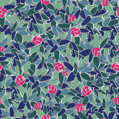 seamless floral pattern,  magenta roses with green and blue leaves background, vintage art deco stained glass style backdrop