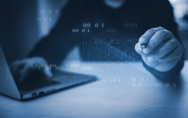 Businessman hand touch with Code html and programming on screen laptop,Programmer development Computer code,web design  coding technology in software, digital software technology development, IoT