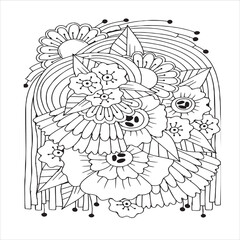 Doodle floral pattern in black and white. Page for coloring book: very interesting and relaxing job for children and adults. Zentangle drawing. Flower carpet in magic garden
