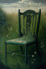 An antique chair in the tall grass. Generated AI image