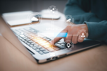 Man using laptop with Update Software Computer Program Upgrade Business Technology Internet, Update...