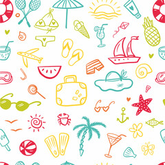 Vector, beach, summer pattern, hand-drawn in doodle style