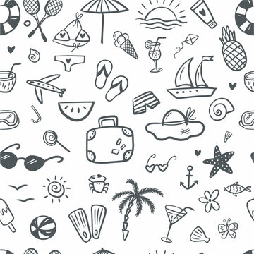 Vector, beach, summer pattern, hand-drawn in doodle style