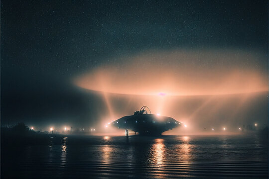 Human contact with aliens on a space unidentified flying ship. Extraterrestrial civilizations and kidnapping. Luminous flying saucer. Generative AI