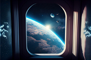 View from the window of the spaceship on the planet earth from space, sunrise, 3d illustration of outer space, planets, stars, galaxies. Generative AI