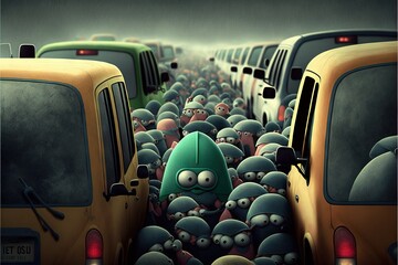 a large group of cartoon characters are in the middle of a bus parade, with a green man in the middle of the group, and a yellow bus in the middle of the road.