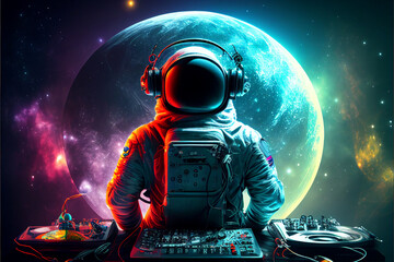 An astronaut in a DJ spacesuit in headphones stands behind the control panel portrait at a space party with a view of the planets, galaxy stars in neon style, cyberpunk. Generative AI - obrazy, fototapety, plakaty