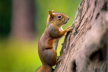 a squirrel is climbing up the side of a tree trunk with its paws on the bark of a tree trunk, with a blurry background of green grass and trees in the foreground.