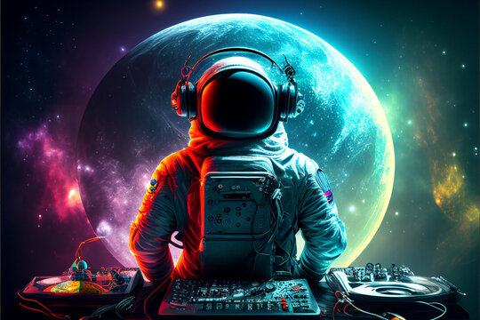 An astronaut in a DJ spacesuit in headphones stands behind the control panel portrait at a space party with a view of the planets, galaxy stars in neon style, cyberpunk. Generative AI