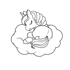 Cute unicorn sleeping on the cloud. Coloring book page. Illustration on transparent background