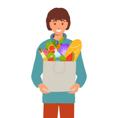 Happy young woman holding shopping bag in her hands. Buyer of everyday products. Illustration on transparent background