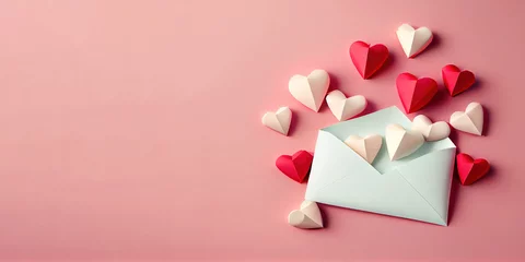 Fotobehang love letter envelope with paper craft hearts - flat lay on pink valentines or anniversary background with copy space © Axel Bueckert