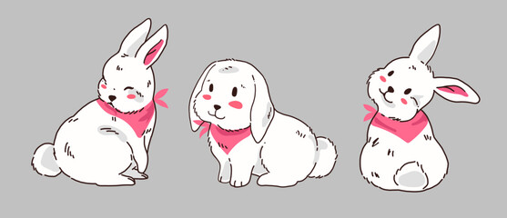 Set of cute white rabbit bunny animal. Happy New Year 2023 year of the rabbit vector. Collection of white rabbit with pink scarf cartoon