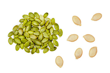 Pumpkin seeds isolated on a white background, top view.