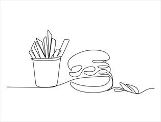 Burger, soda and french fries takeout food in continuous line art drawing style. Fast food minimalist black linear sketch isolated on white background. Vector illustration
