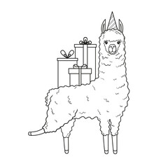 Cute lama in a festive hat and with gifts on his back. Illustration on transparent background