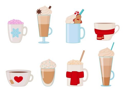 Collection of winter hot drinks in mugs and glasses. Illustration on transparent background