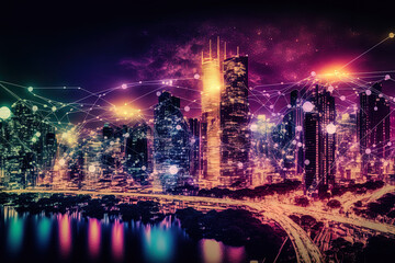 digital revolution and smart cities. Concept of a cityscape, communications network, and telecommunication. technique for connecting big data. De focused. Generative AI