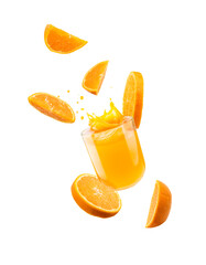 Glass of orange juice with splash and orange slices falling, isolated on white. - 558676126