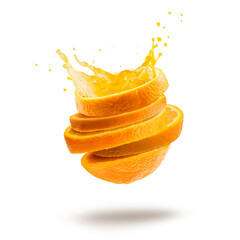 Cut orange slices with splash juice, isolated on white.