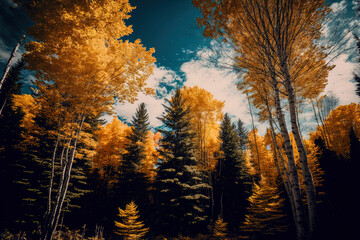 Beautiful fall panorama in a woodland with towering trees, captured vertically. Generative AI