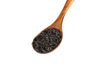 Wooden spoon with black salt isolated on white background.