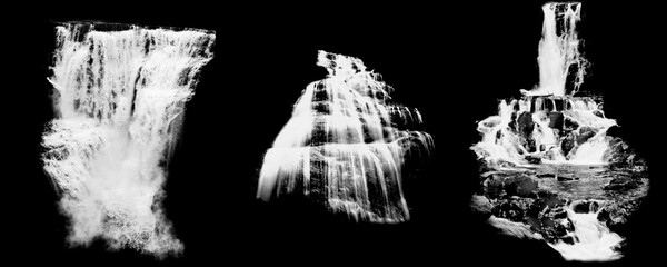 Set of waterfalls isolated on black background. Black and white illustration	