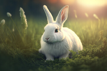 Fototapeta premium A cute white rabbit in the meadow field with beautiful lighting bokeh effact in the background. Animal portrait in the nature. Generative Ai image.
