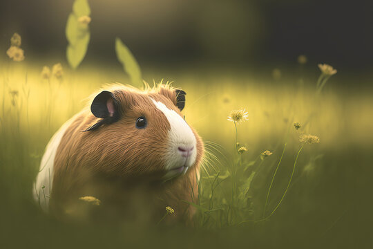 A cute brown guinea pig or cavy in the meadow field with morning sunlight environment. Animal portrait in beautiful nature. Generative Ai image.