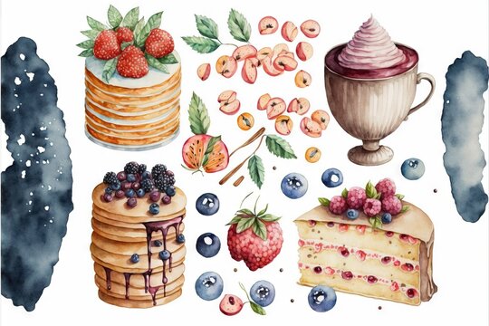 a watercolor painting of a cake, berries, and other food items on a white background with blue spots and spots around it, and a cup of berries, a stack of pancakes, a.