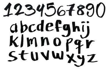 Handwritten alphabet and numbers with marker pen brush. 26 letters a to z. Writing with thick thickness, stripped and relaxed. Hand drawn, graphic resource, layout, design. Complete font, abc type. - obrazy, fototapety, plakaty