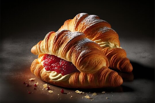 a croissant sandwich with a strawberry on top of it on a black surface with a black background and a red strawberry on top of the croissant is in the middle of the croissant. Generative AI