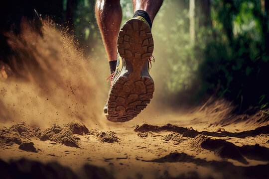 Close-up at the runner feet is running on the dirt route at the jungle. Trail running sport action and human challenge concept. Generative Ai image.
