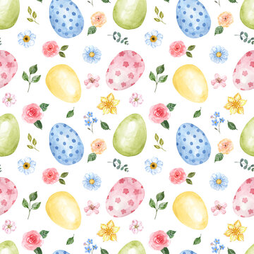 Easter egg seamless pattern on white background. Watercolor colorful eggs, spring flowers, and foliage. Holiday print.