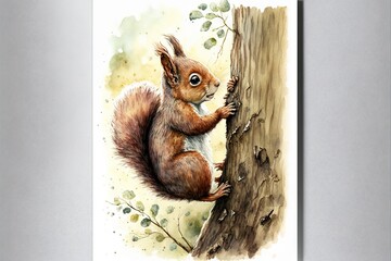a painting of a squirrel on a tree branch with leaves on it's back and a tree trunk in the foreground, and a background of a light gray wall with a white frame.