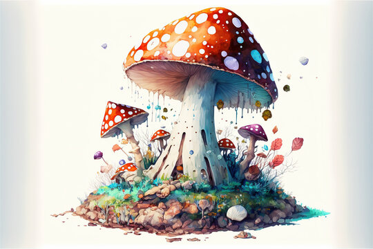 A group of mushrooms on a white background. A playful illustration featuring poisonous agaric forest mushrooms. Vibrant and colourful toadstools. Storybook artwork. generative ai